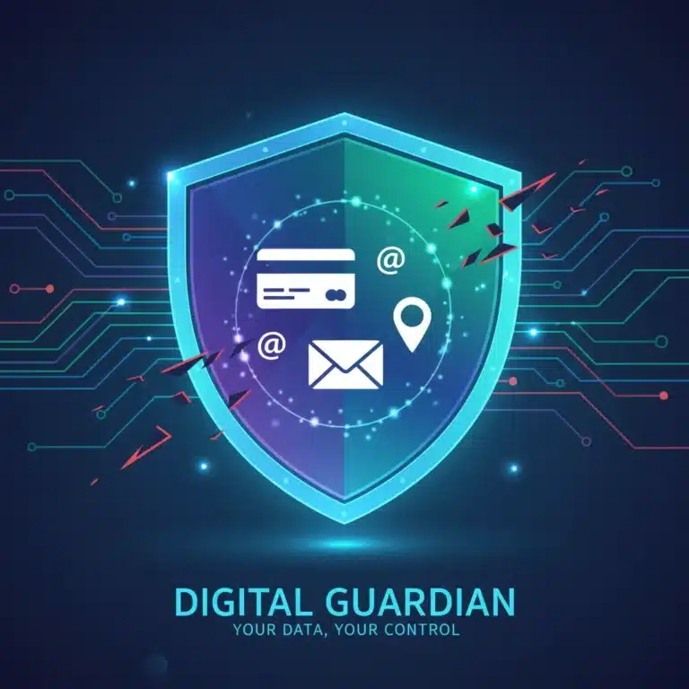 Digital shield protecting personal data in a futuristic, interconnected online world.