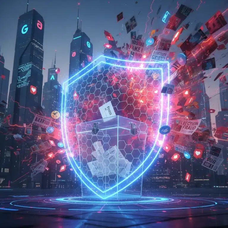 Digital shield protecting ballot box from election misinformation, symbolizing tech's role.