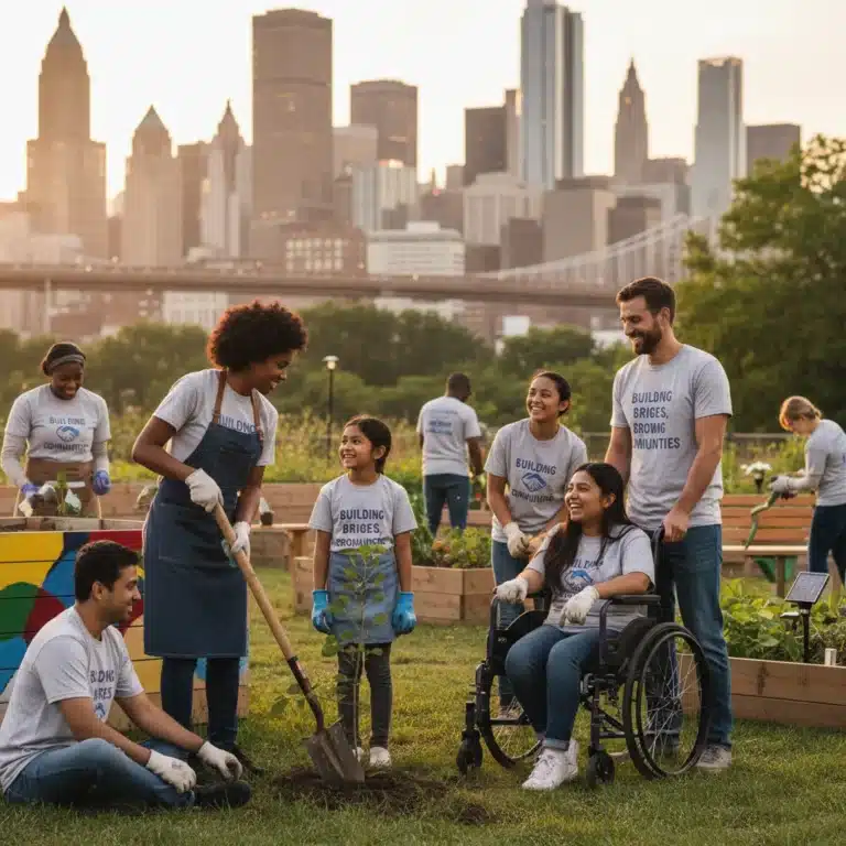 Diverse Americans collaborating on a community project, symbolizing unity and shared experiences.