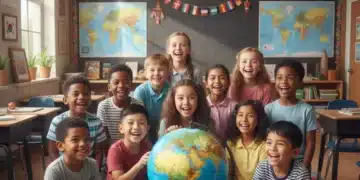 Diverse children learning about global cultures in an inclusive classroom setting.