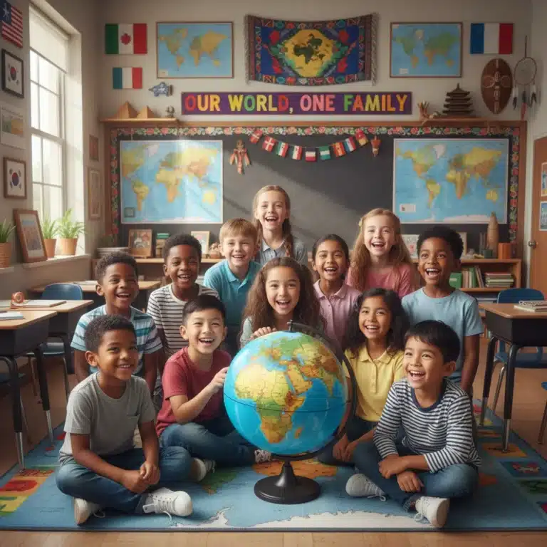 Diverse children learning about global cultures in an inclusive classroom setting.