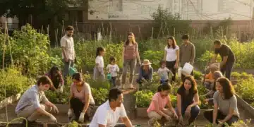 2026 Policy Shifts: Environmental Justice Initiatives Impact Diverse community members working together in a garden, with policy documents subtly integrated into the background, representing environmental justice efforts.