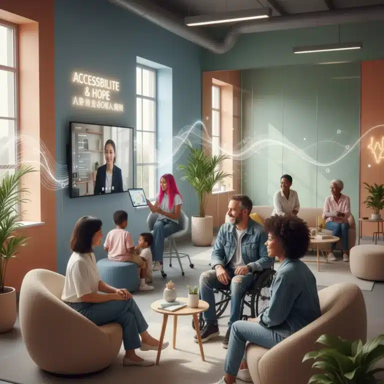 Diverse community accessing mental health services in a modern, inclusive clinic.