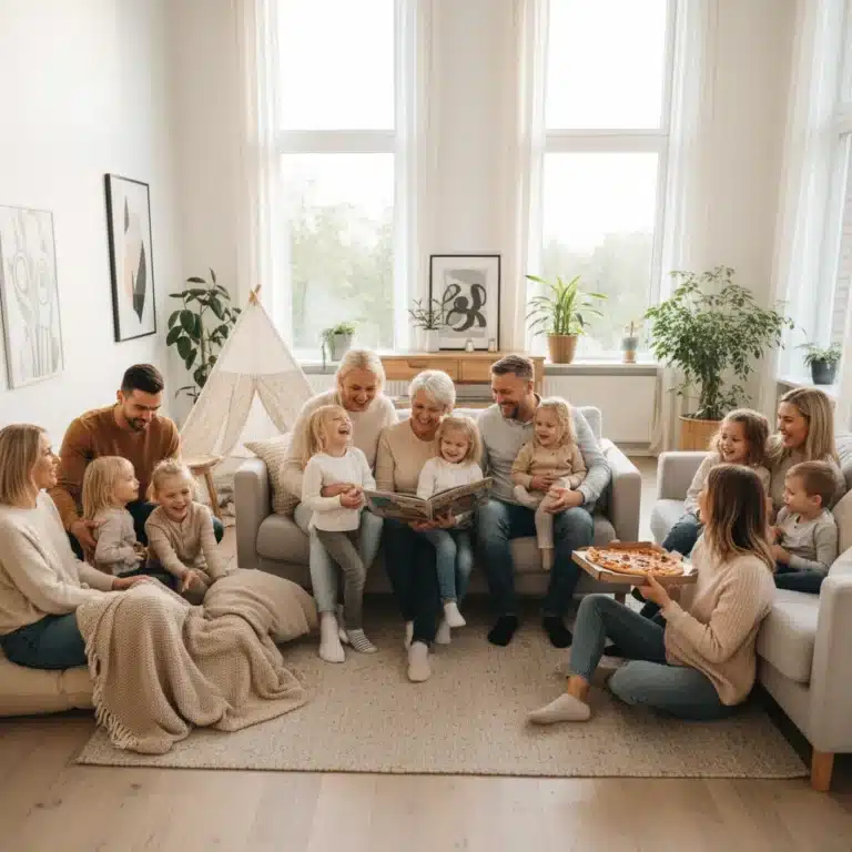 Diverse modern American families interacting happily in a home environment.