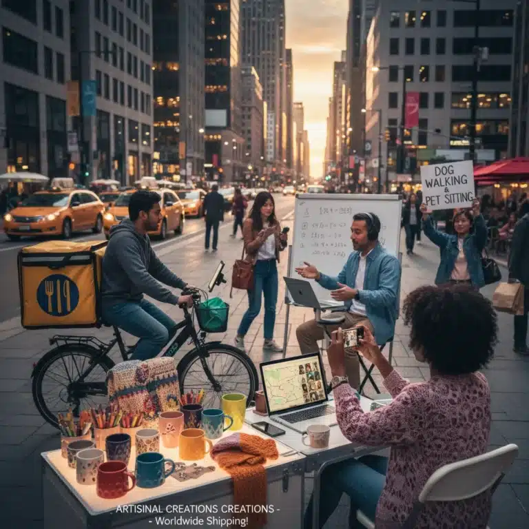 Diverse individuals engaged in various side hustles, showcasing the dynamic nature of the gig economy.