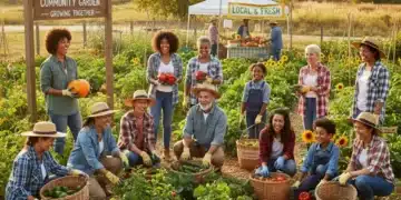 Diverse volunteers cultivating a community garden, symbolizing economic contribution.