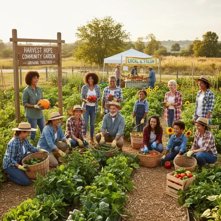 Diverse volunteers cultivating a community garden, symbolizing economic contribution.