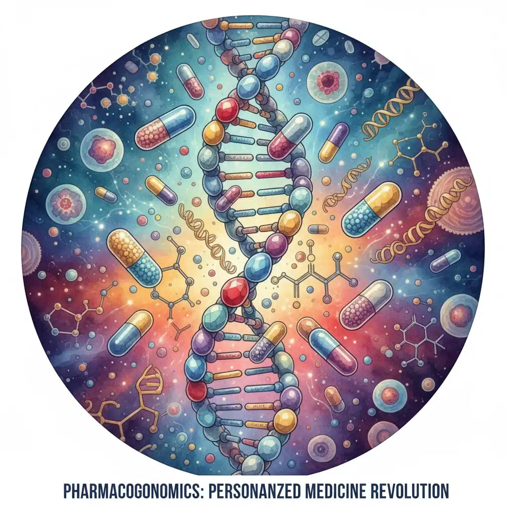 DNA helix with medication, symbolizing pharmacogenomics and drug development.