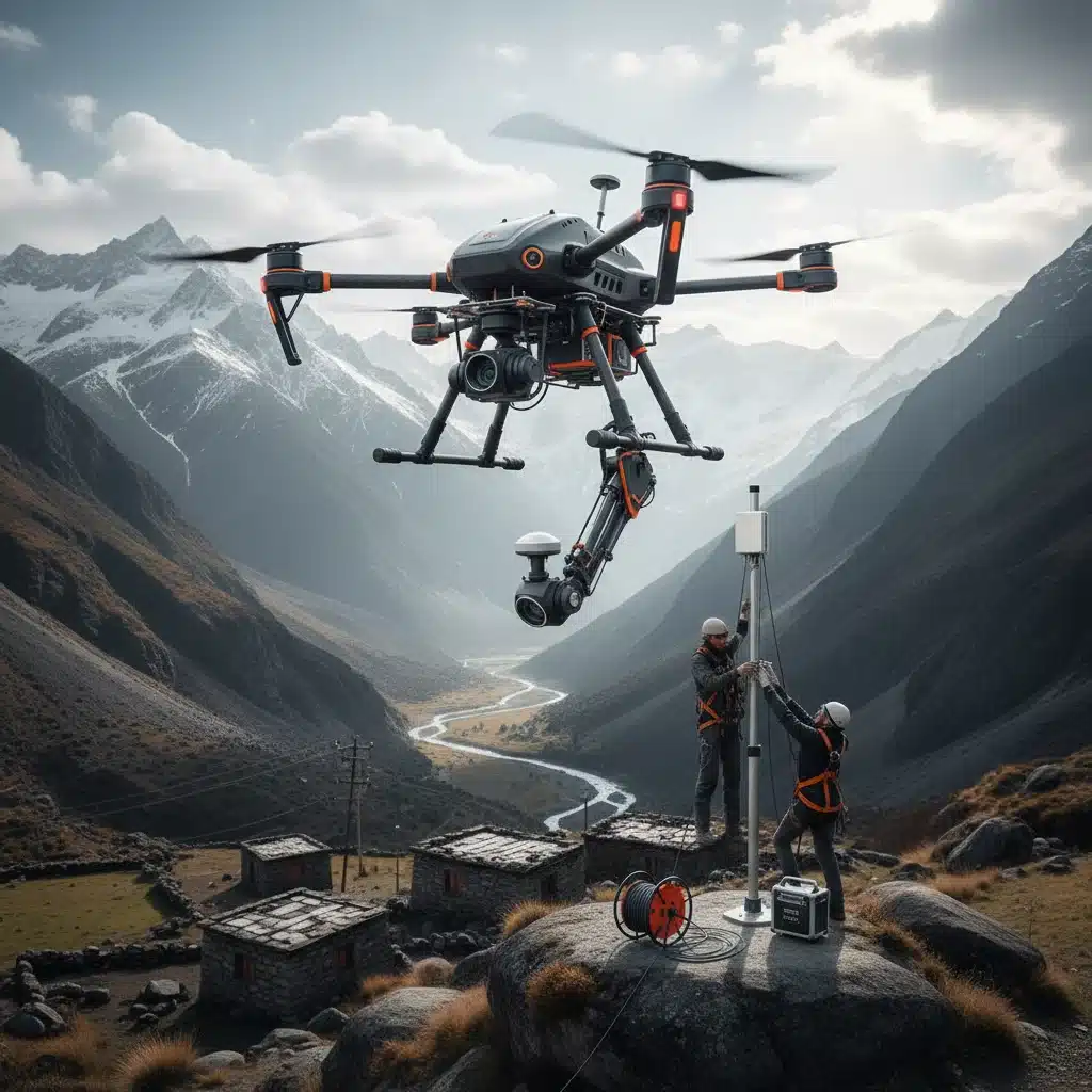 Drone deploying wireless infrastructure in remote rural area, symbolizing innovative connectivity solutions.