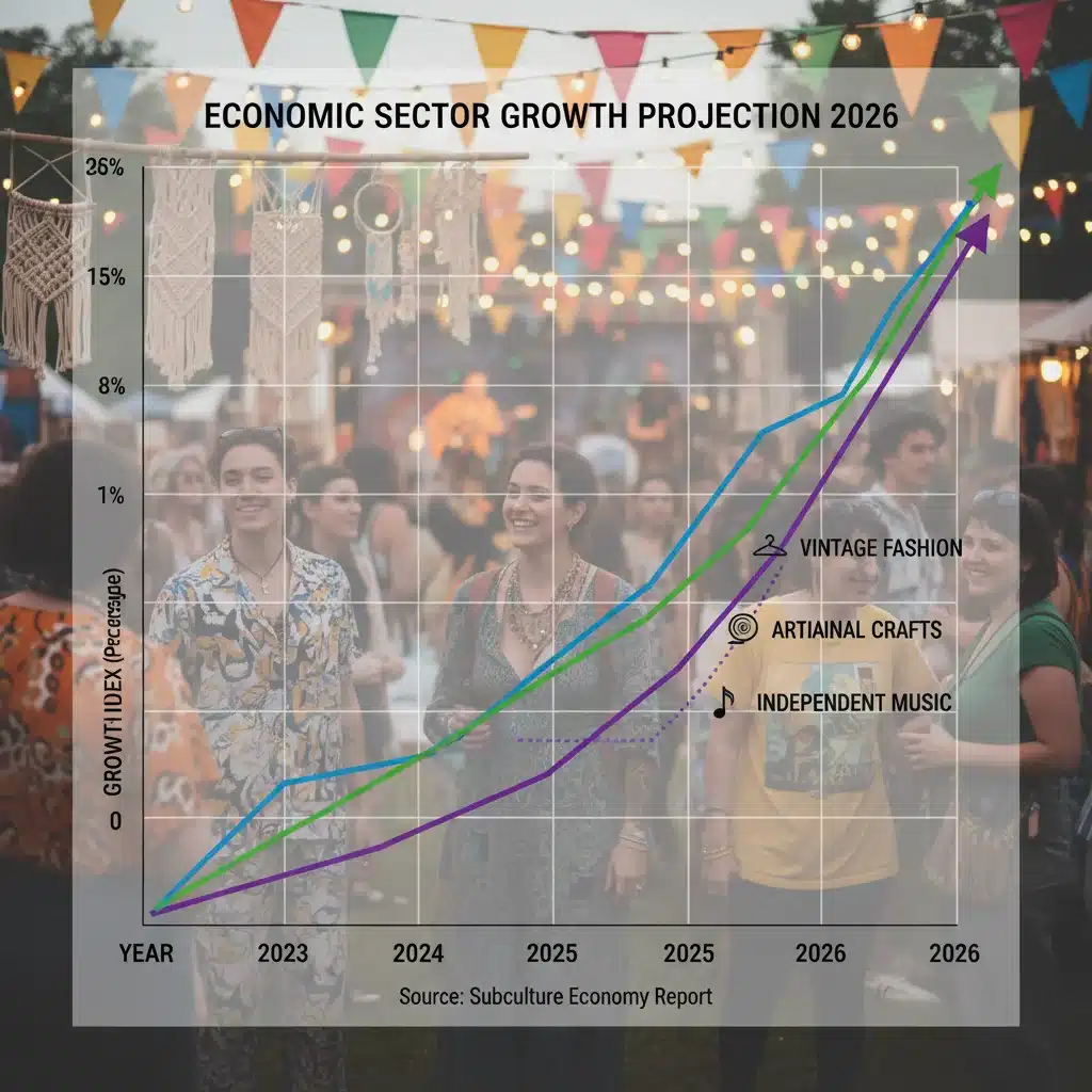 Economic growth chart showing upward trends in niche sectors, with a subculture community event in the background.