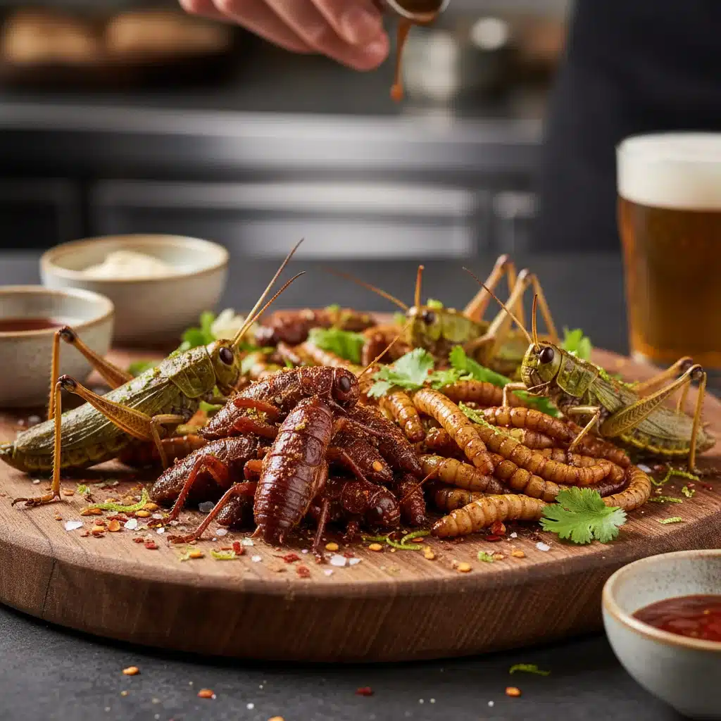 Appetizing collection of edible insects: crickets, mealworms, grasshoppers, seasoned and roasted.