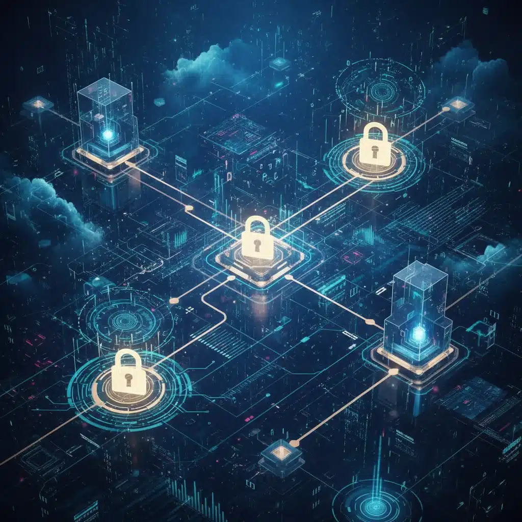 Abstract visualization of encrypted data flowing securely across a digital network.