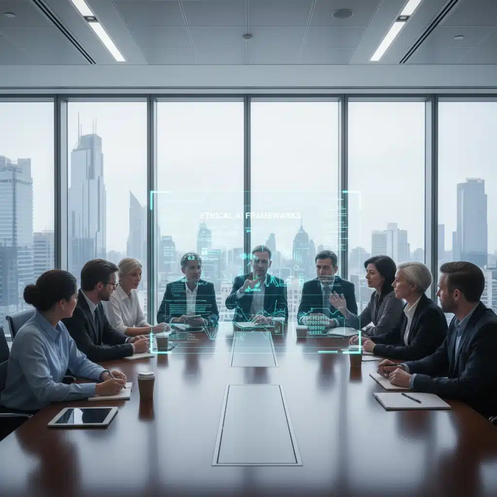 Diverse group discussing ethical technology guidelines around holographic display