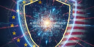 Digital shield protecting AI systems, symbolizing EU AI Act compliance for U.S. tech companies.
