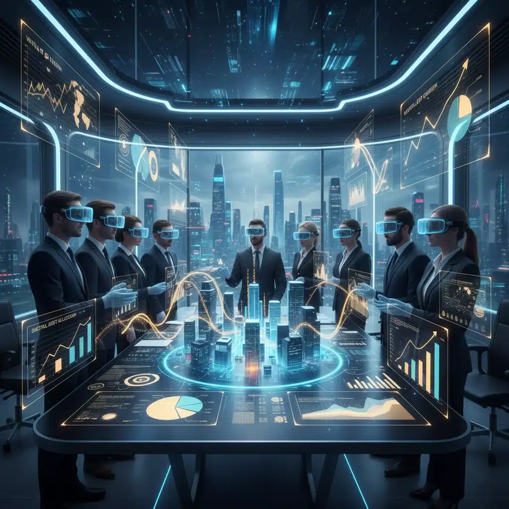 Business executives strategizing in a metaverse conference room with financial data