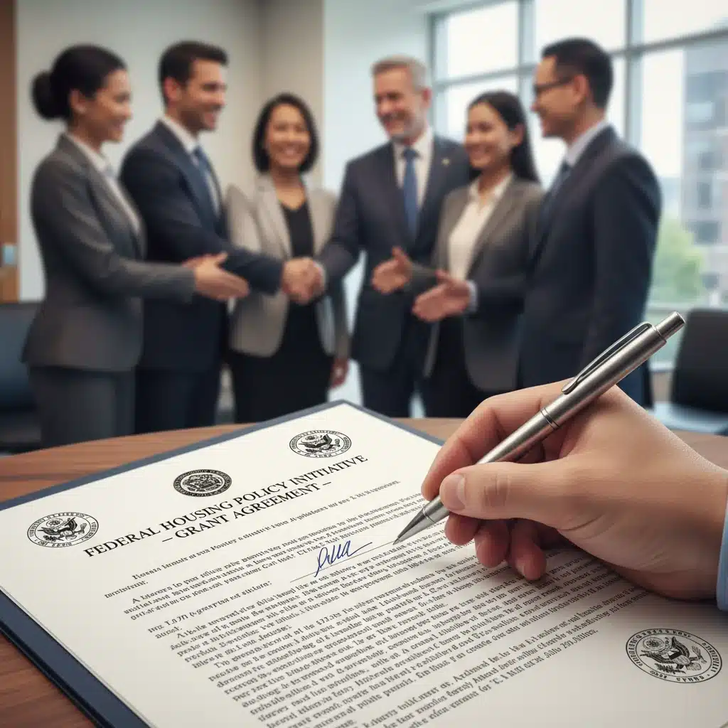 Hand signing federal grant agreement for housing policy