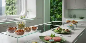 Diverse novel protein foods: insect snacks, lab-grown meat, algae dishes in a modern kitchen.