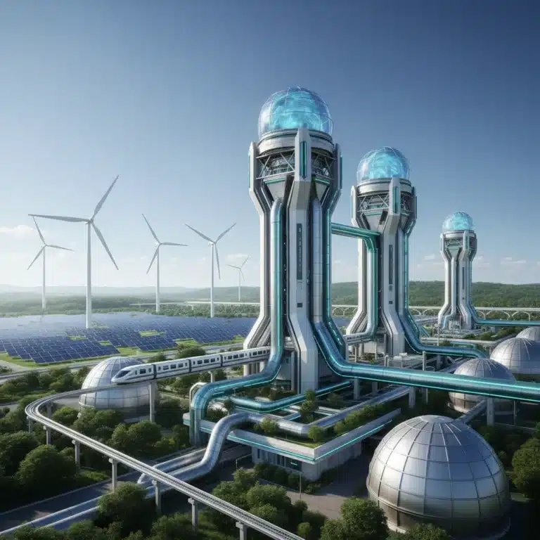 Futuristic carbon capture facility with green energy integration