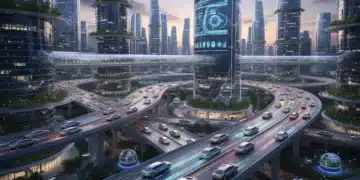 Futuristic city with autonomous vehicles on highways at dusk