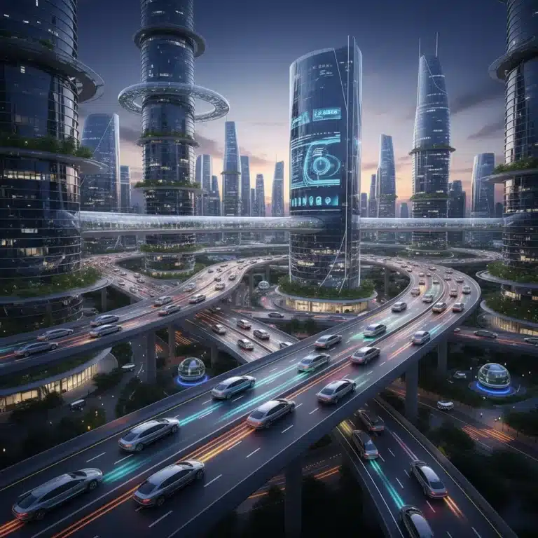 Futuristic city with autonomous vehicles on highways at dusk