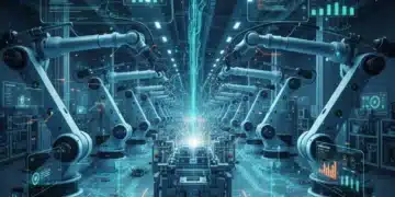 Futuristic factory with robots and glowing data streams representing Edge AI.