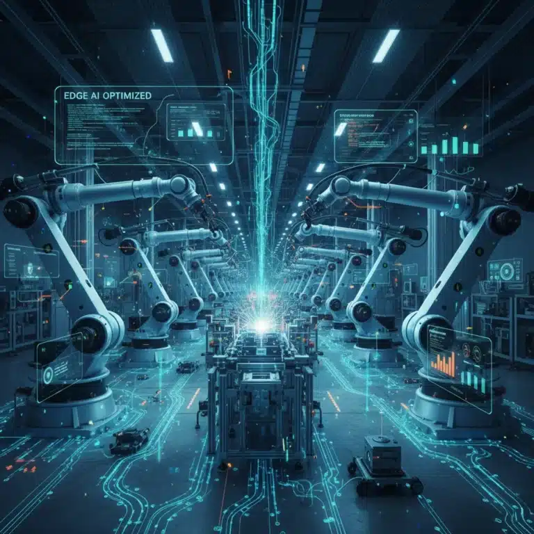 Futuristic factory with robots and glowing data streams representing Edge AI.