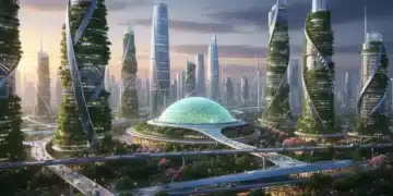 Futuristic city skyline with green infrastructure and smart technology