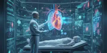 Futuristic doctor analyzing holographic patient data with bio-integrated technology