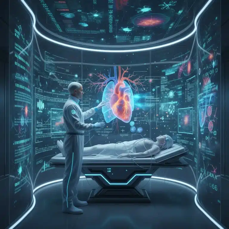 Futuristic doctor analyzing holographic patient data with bio-integrated technology