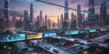 Futuristic highway with autonomous vehicles and smart infrastructure