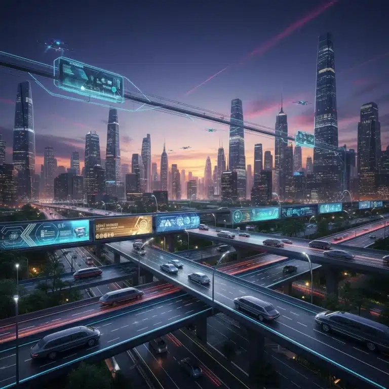 Futuristic highway with autonomous vehicles and smart infrastructure