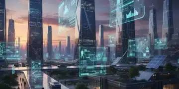 Futuristic smart city skyline with digital overlays and interconnected infrastructure.