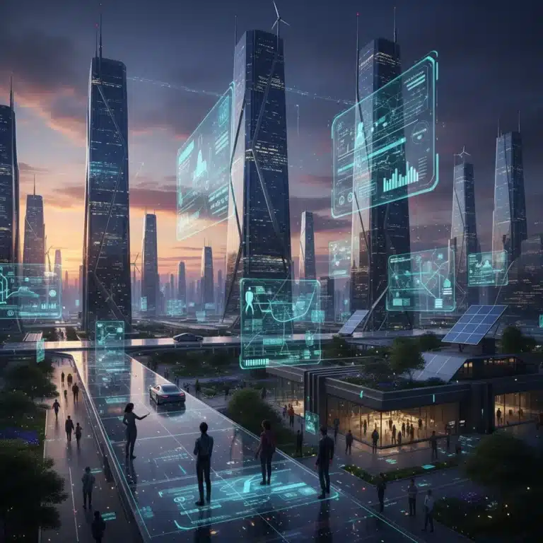 Futuristic smart city skyline with digital overlays and interconnected infrastructure.