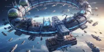 Futuristic space station with commercial activities orbiting Earth, symbolizing advanced space commercialization business models.