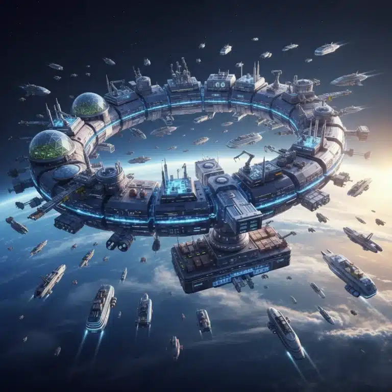 Futuristic space station with commercial activities orbiting Earth, symbolizing advanced space commercialization business models.