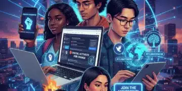Gen Z Digital Activism: Redefining Social Justice in 2026 US Gen Z youth engaged in digital activism for social justice, connecting online with phones and laptops.