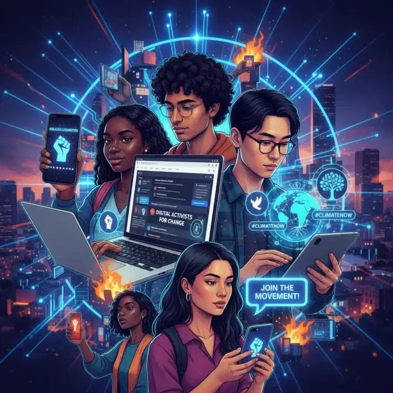 Gen Z youth engaged in digital activism for social justice, connecting online with phones and laptops.