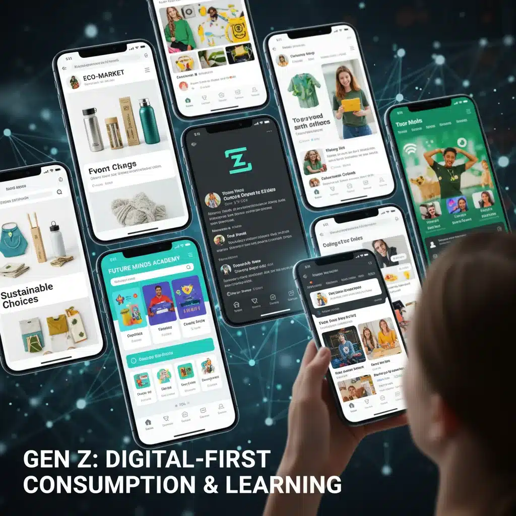 Collage of smartphone screens showcasing Gen Z's digital consumption habits