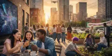 Diverse Gen Z group engaging with technology and community in urban setting