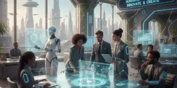 Professionals collaborating with AI-generated data in a modern office, symbolizing Generative AI in business operations.