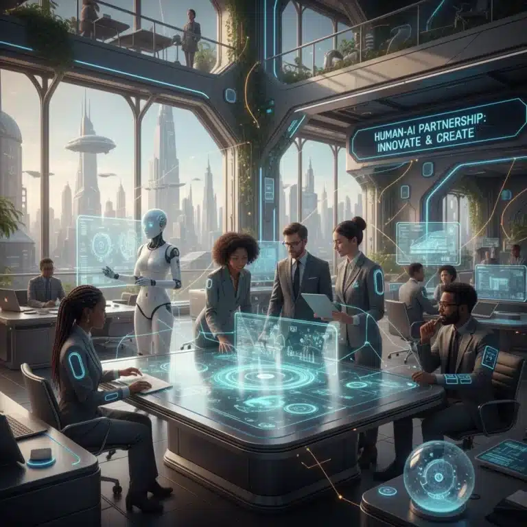 Professionals collaborating with AI-generated data in a modern office, symbolizing Generative AI in business operations.