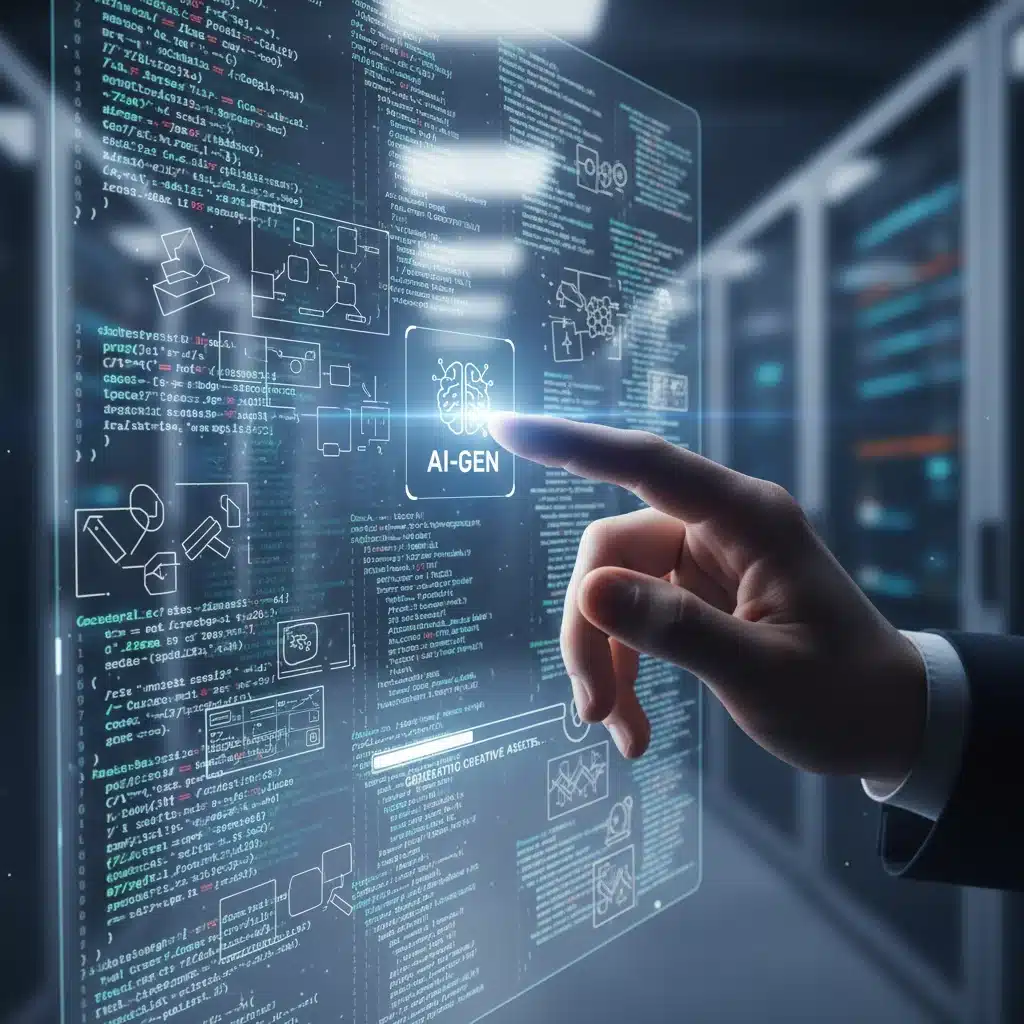 Hand interacting with screen showing AI-generated code and design, illustrating Generative AI for content creation.