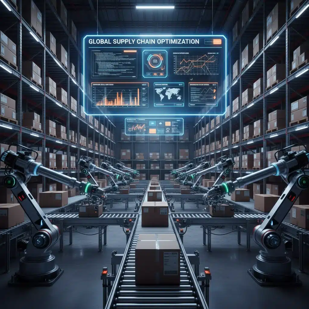 Automated warehouse with robots and digital dashboard, showcasing Generative AI in supply chain optimization.
