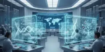 Scientists examining DNA sequences on holographic screens in a modern genomics lab.