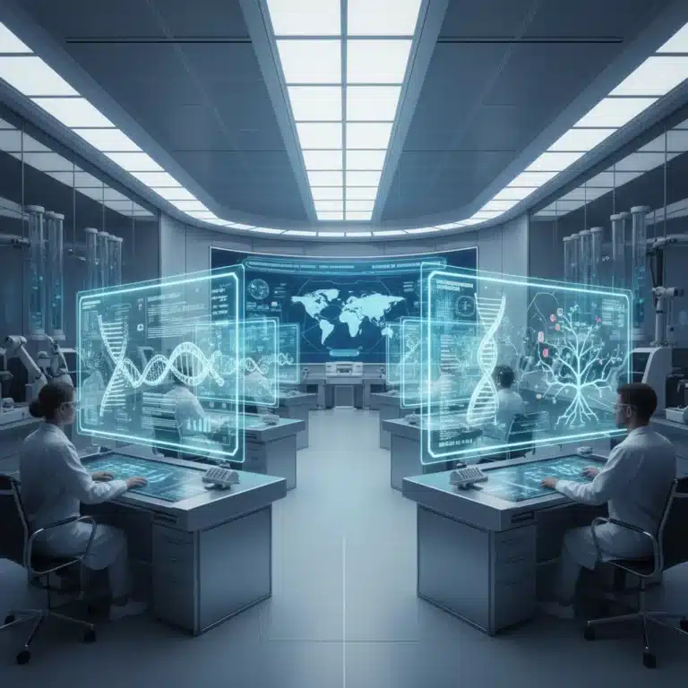 Scientists examining DNA sequences on holographic screens in a modern genomics lab.