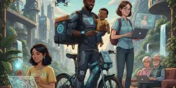 Diverse gig workers balancing work and life in a futuristic urban and natural blend, symbolizing gig economy balance 2026.