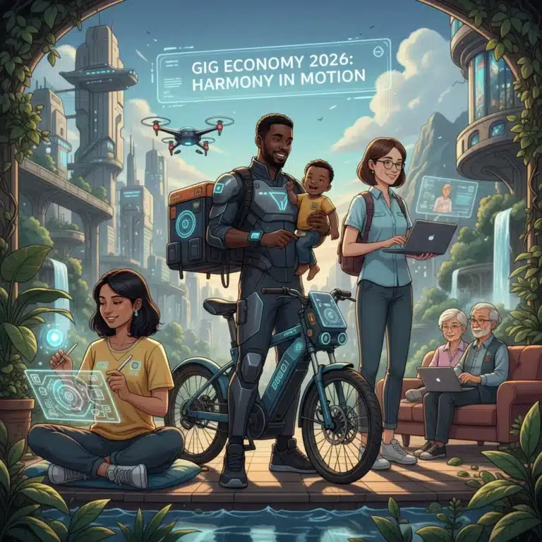 Diverse gig workers balancing work and life in a futuristic urban and natural blend, symbolizing gig economy balance 2026.