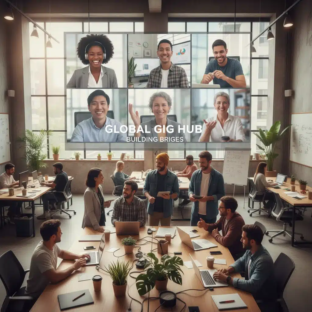 Diverse gig workers collaborating virtually and networking in a co-working space, emphasizing community and support.