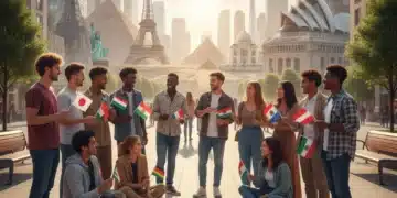 Diverse young adults engaged in cultural exchange, symbolizing global understanding and unity.