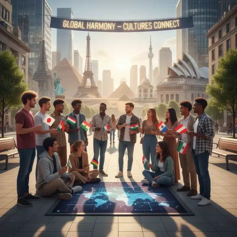 Diverse young adults engaged in cultural exchange, symbolizing global understanding and unity.